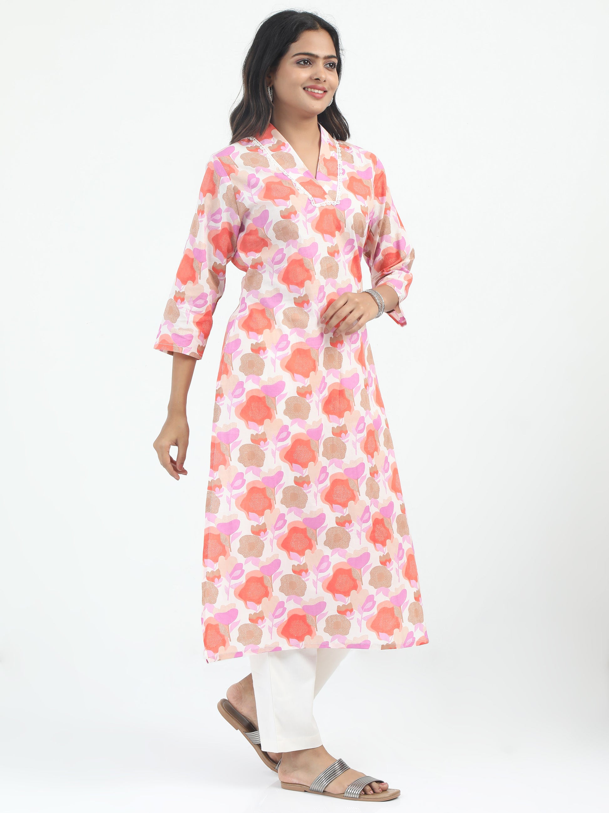 Full view of the Pastel Shade Cotton Kurti Set with Multi Color, combining soft pastels with lively multi-colored details for a fresh, stylish look.