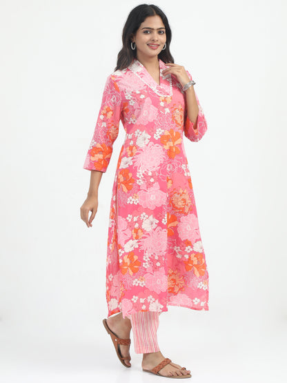 Full view of the Premium Cotton Pink Floral Kurti Set with Lycra Pant, emphasizing the beautiful pink floral pattern and the stretch of the Lycra pant.