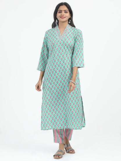 Model wearing the Premium Cotton Floral Printed Kurti Set, featuring a beautiful green and pink floral design that adds a vibrant touch to the outfit.