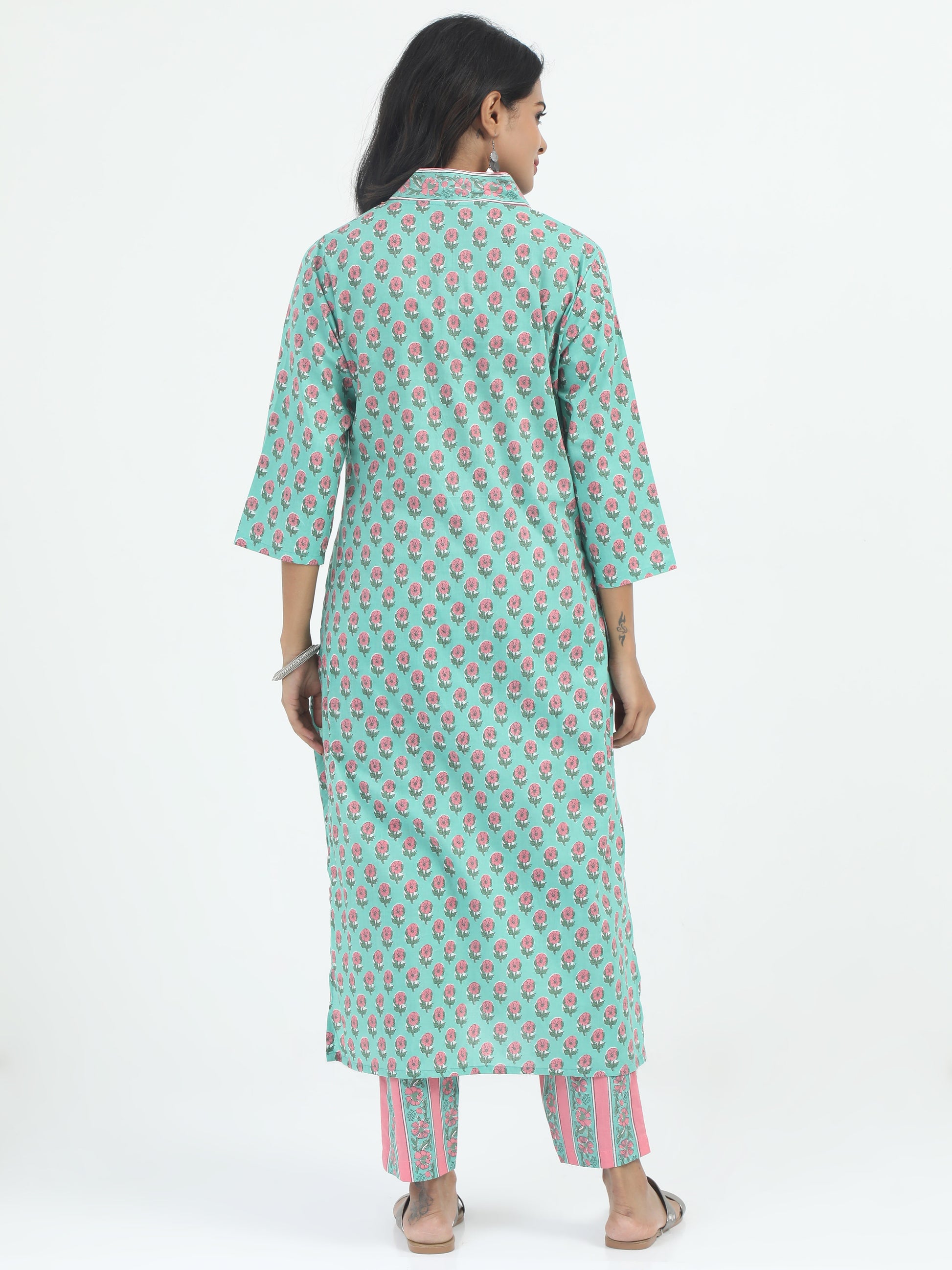 Side view of the Premium Cotton Floral Printed Kurti Set, highlighting the elegant floral pattern and comfortable, breathable cotton material.