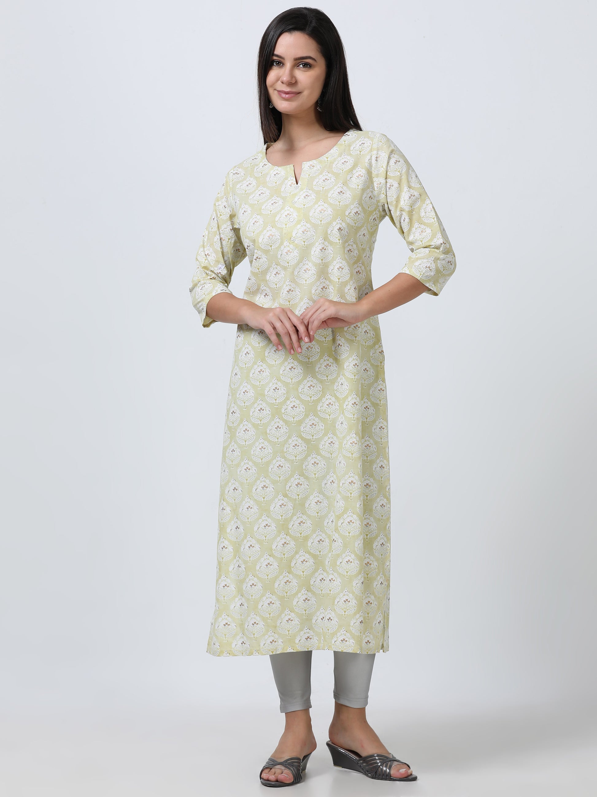 Detailed view of the Pastel Foil Print Cotton Kurti, focusing on the fine cotton material and elegant foil print pattern.