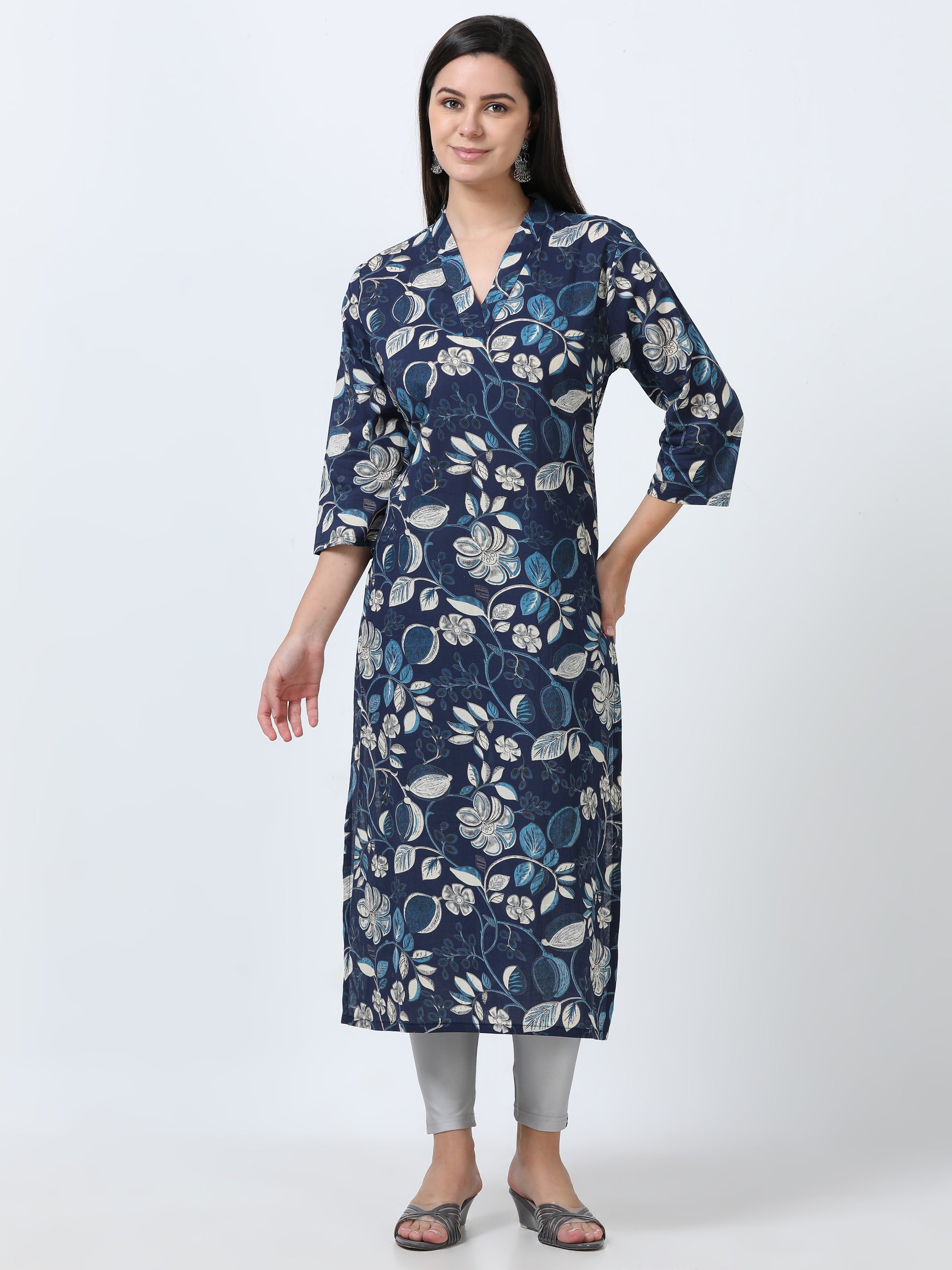 Close-up of Navy Blue Floral V-Neck Kurti, highlighting the vibrant floral pattern and elegant neckline.