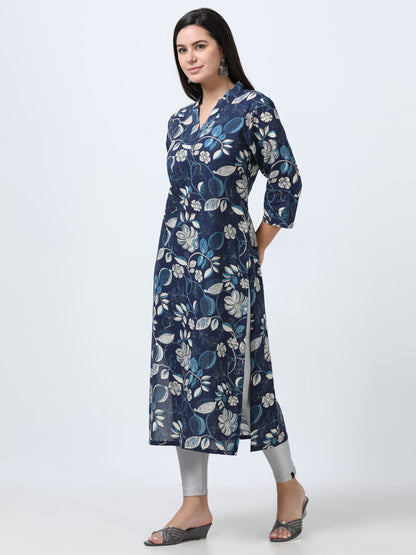 Detailed view of the Navy Blue Floral V-Neck Kurti, focusing on the intricate floral design and rich navy blue color.